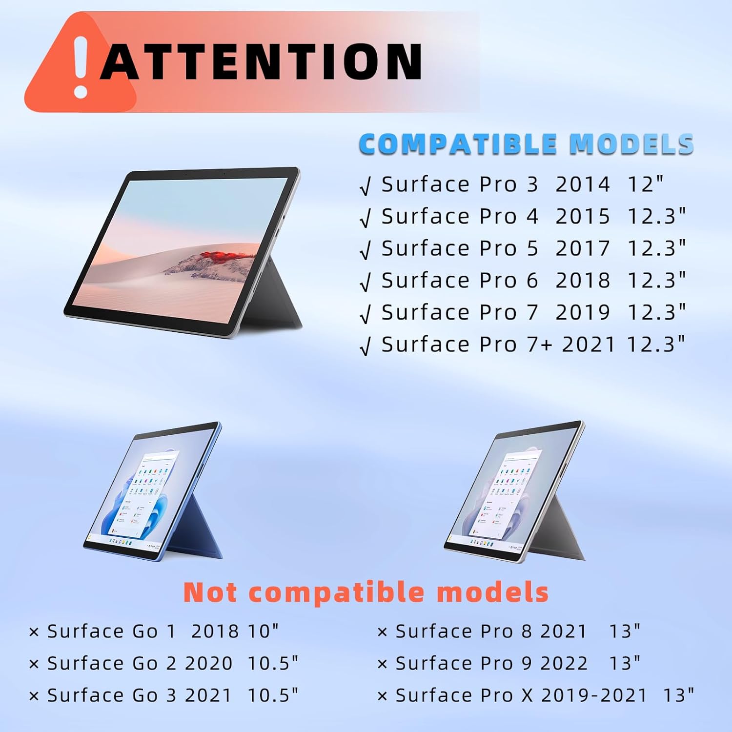 Compatibility chart showing compatible and incompatible Surface Pro models