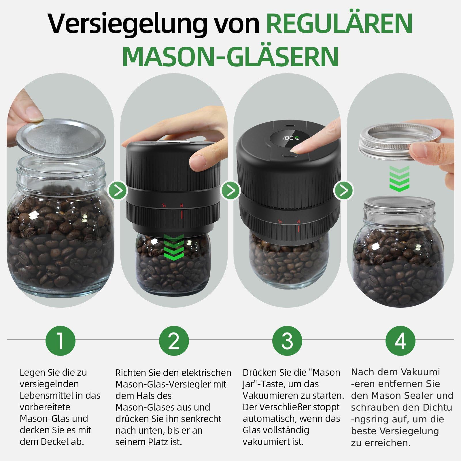 Vakuumierer für Gläser | Elektrisches Mason Jar Vakuum Sealer für Breite und Normale Öffnung | Tragbares Vakuumiergerät für Gläser | Geschenke für Sie, Mama, Oma, Schwarze Upgrade-version