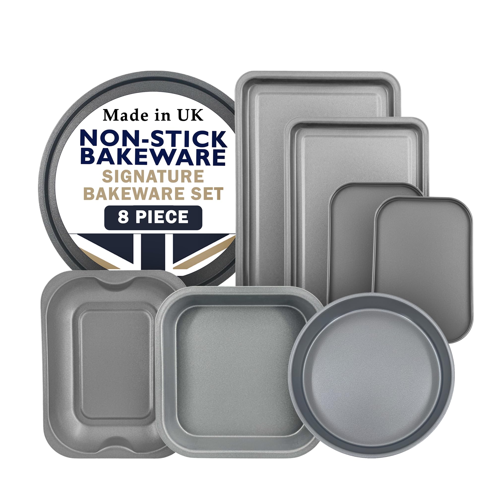Chabrias Ltd Set of 8 Premium Non Stick Bakeware Set – Airfryer Safe Dishwasher Safe, BPA and PFOA Free Ideal for Baking, Roasting, Grilling UK Made Great for Students Gift Set