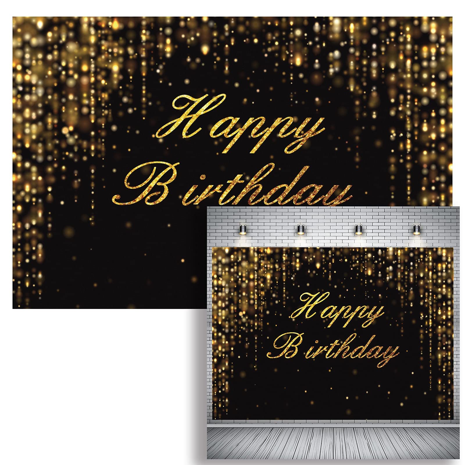 Photo 1 of 5x3ft Happy Birthday Banner Backdrop for Women Large Black and Gold Backdrop Golden Glitter Bokeh Photography Background Birthday Party Background Cake Table Decoration Photo Studio Props 5x3ft Black and Gold Backdrop 1 style