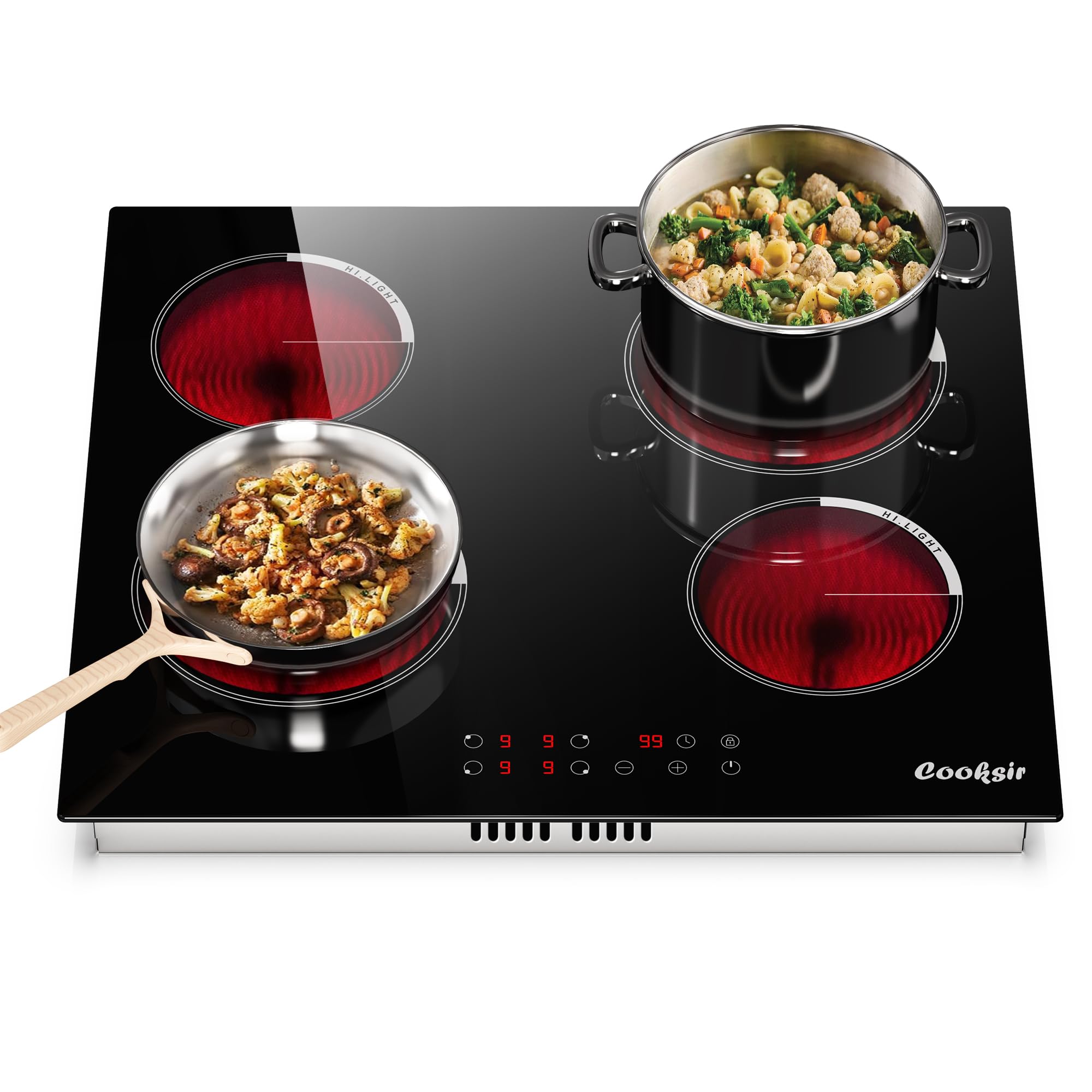 Cooksir Electric Cooktop 24 Inch, 4 Burner Electric Stove Top Drop-in(22.05"x19.3") 220V-240V, 24 Inch large Ceramic Stovetop with Ceramic Glass, Timer, Kids Safety Lock, 220V Hard Wired (No Plug)