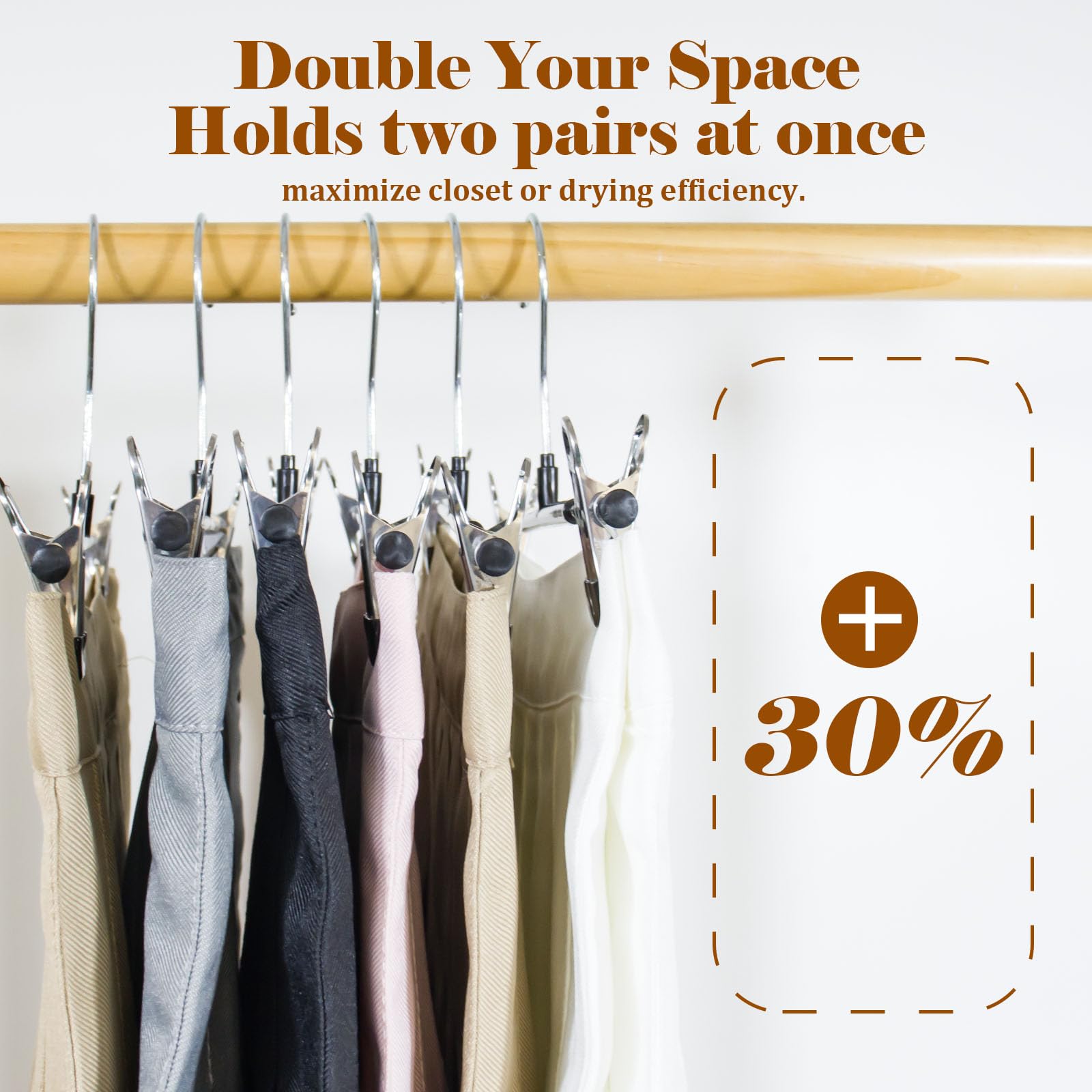 Perchas para pantalones, paquete de 20 perchas ajustables para faldas, perchas resistentes que ahorran espacio, gancho giratorio de 360° antideslizante para faldas, calcetines