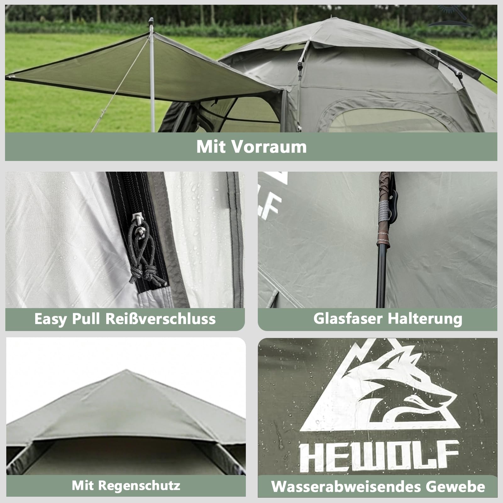 Hewolf Camping Zelt - Zelt 2/3/4 Personen Wasserdicht mit Vorzelt Familienzelt Einfache Einrichtung Campingzelt Biwakzelt Tent, 2-4 Mann Sechseckigeszelt Pop Up Wurfzelt