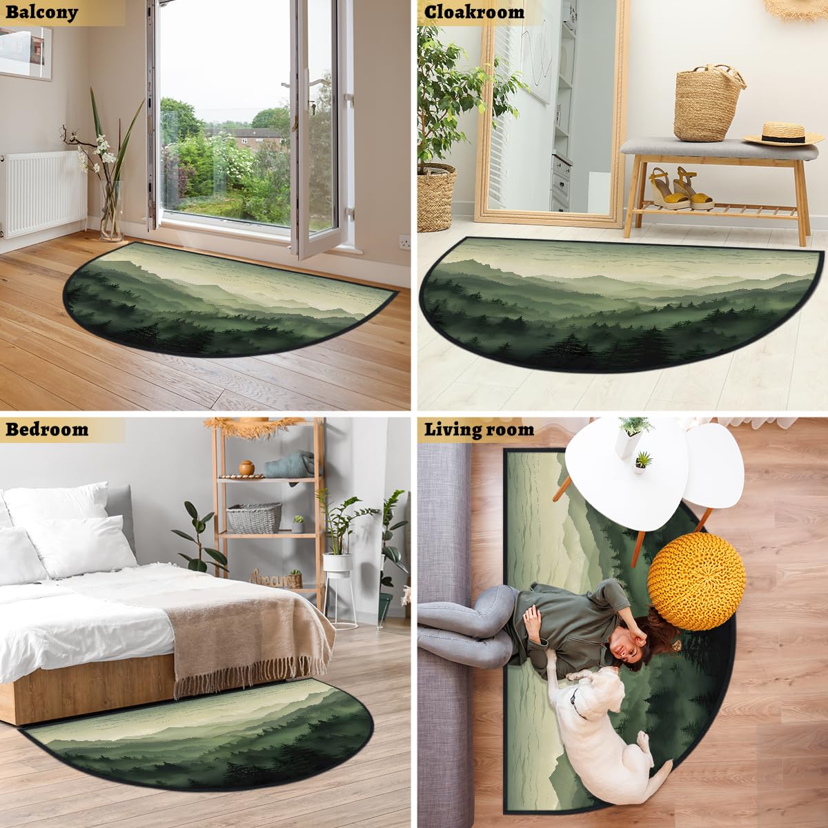 Mexpekil Paillasson demi-lune vert paysage de montagne pour intérieur et extérieur - Tapis de sol antidérapant lavable - Demi cercle - Attrape la saleté - 100 x 160 cm