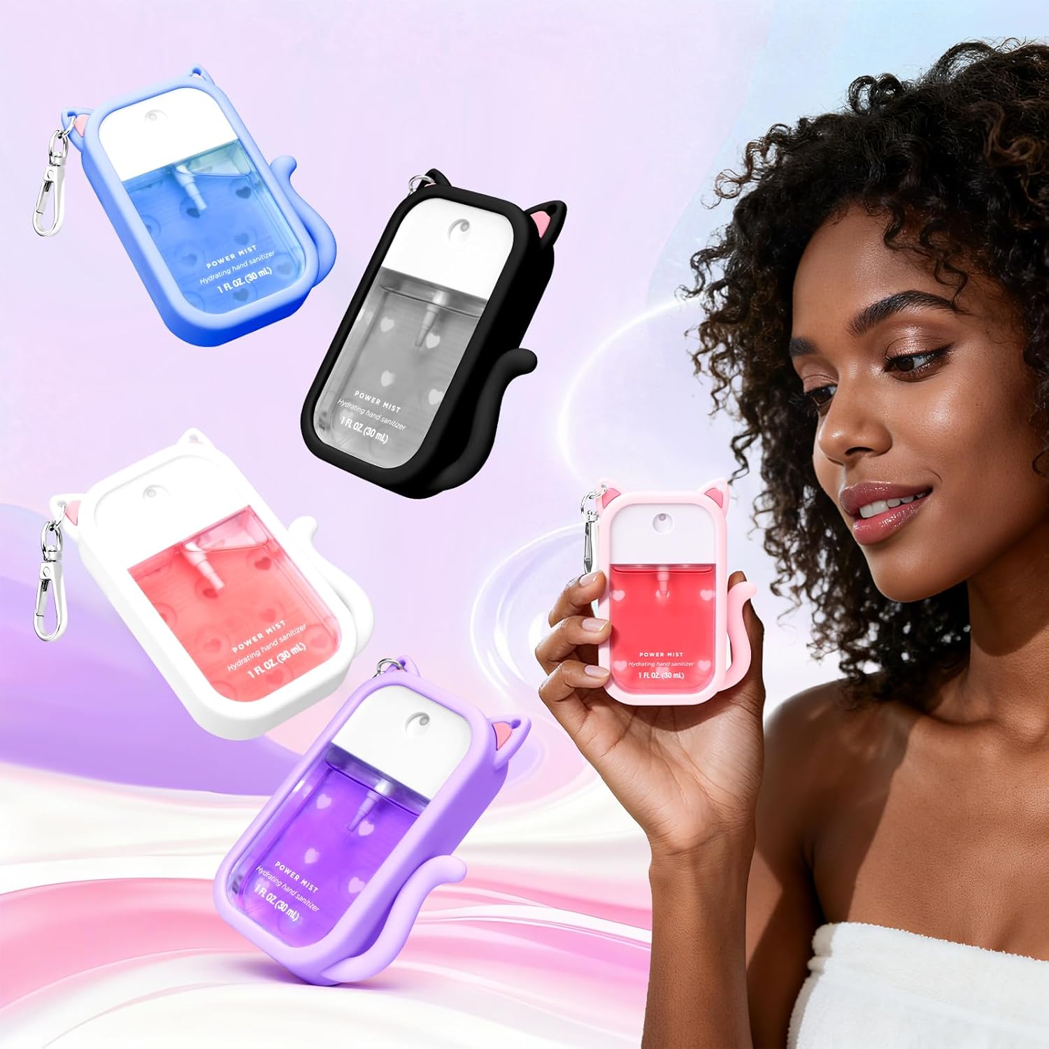 Metyond Silicone Case Compatible with Touchland Hand Sanitizer Spray 1 FL OZ/30ML, Portable Cat-shaped Case with 6 Charms and Keychain, Cute Hand Sanitizer Spray Accessory (1PCS Pink) - Image 6