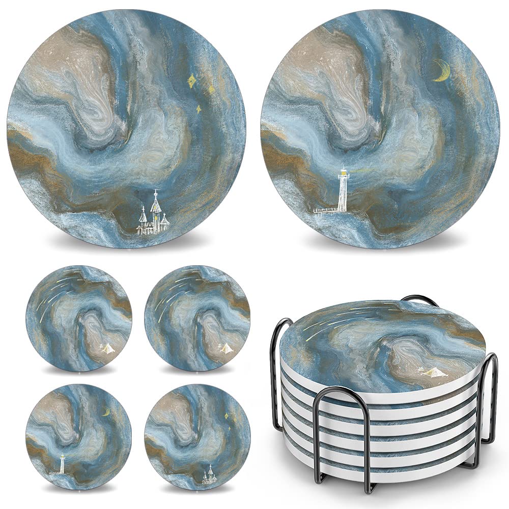 UMIRRO Coasters for Drinks Absorbent with Holder | Cool Table Mats in Ocean Blue for Cups, Glasses, Desk, Office and Home | Cute Ceramic Stoneware Coaster Set