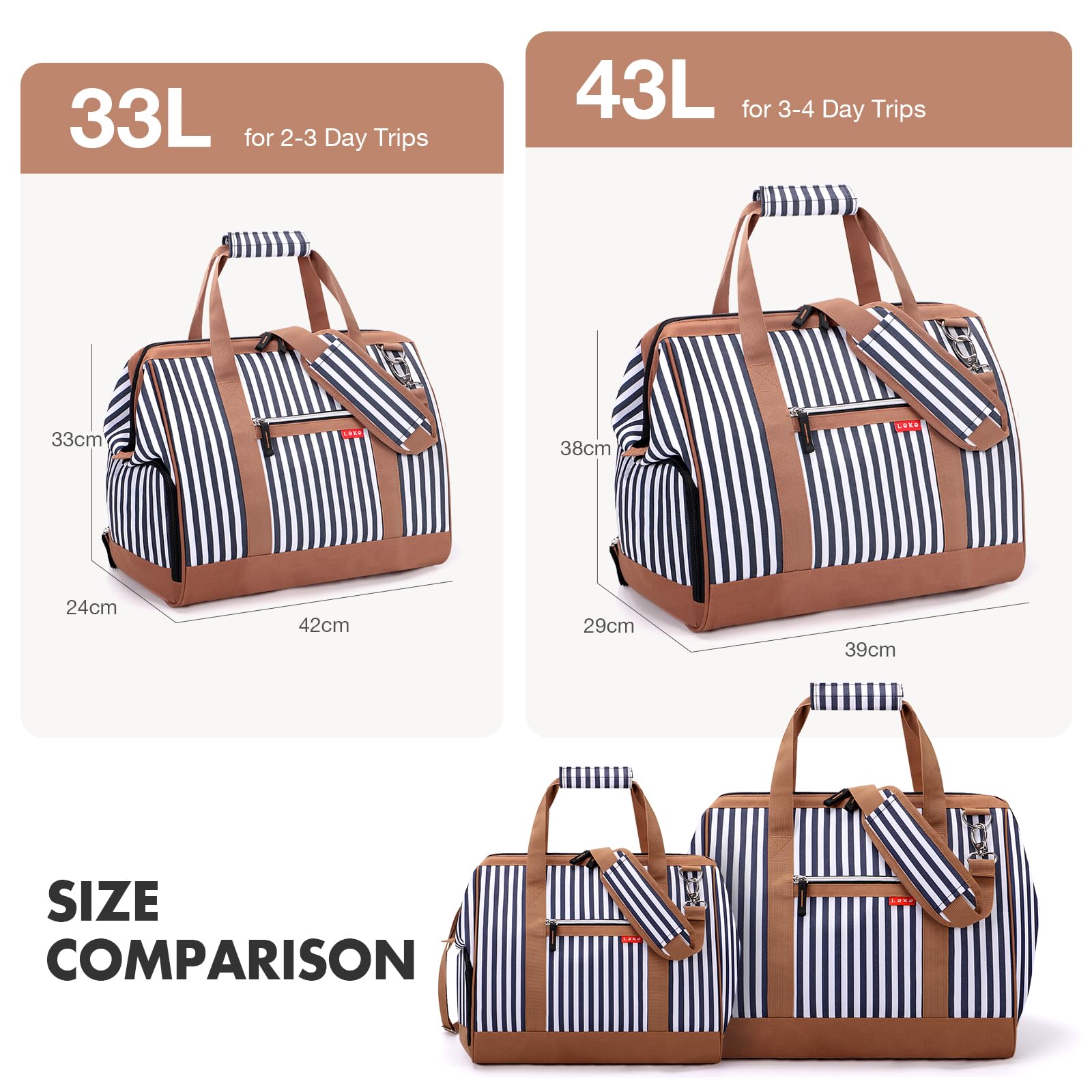 Lekesky Reisetasche Damen, Weekender Damen Mittelgroß mit Schuhfach, Großes Öffnungsdesign, 43L Kliniktasche Geburt für Reisen, Airline, Arbeit, Strand oder Freizeit (Blau Gestreift)