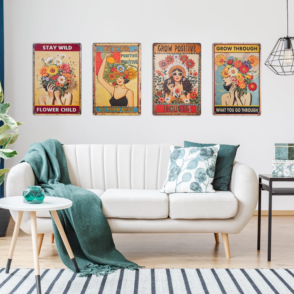 Zestaw 4 metalowych tabliczek w stylu vintage, kwiatowa dziewczyna w stylu retro, żelazna płyta malarska, panel dekoracyjny do domu, baru, kawiarni, restauracji, pubu (30 × 20 cm)