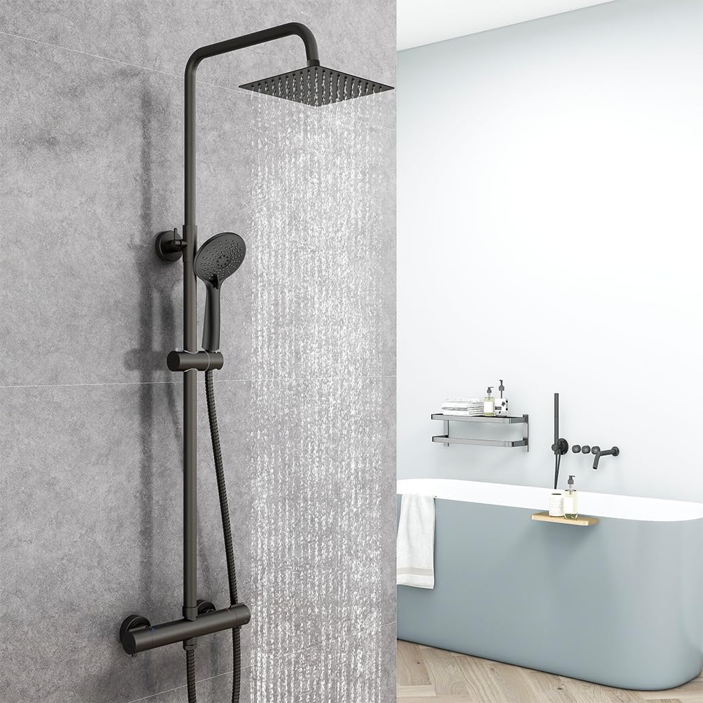 AICA Colonna Doccia con Miscelatore Termostatico, Rubinetto Doccia Soffione Doccia Quadrato in Acciaio Inox 20x20cm, Doccetta Tonda da 108mm, Altezza Regolabile 735-1170mm, Set Doccia Completo Nero