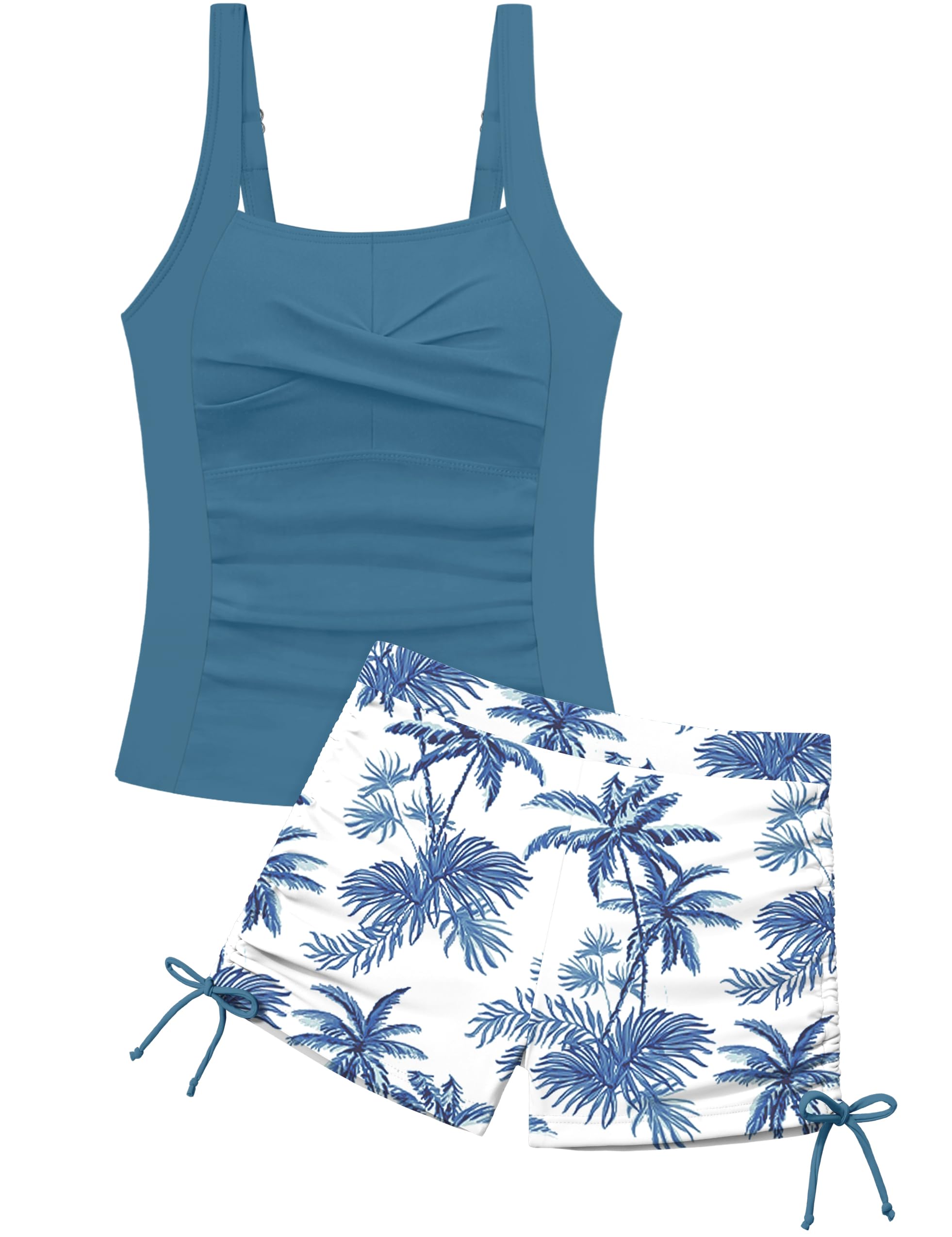 Girls Tankini Swimsuit 2 Piece Bathing Suit Twist Cross Back Cutout Swim Tank Top Floral Print Swimwear for 7-18Y