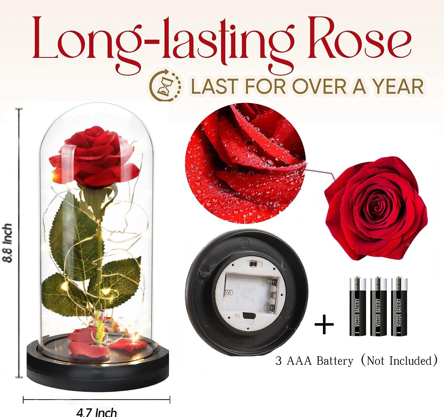 Beauty and The Beast Rose in Glass Dome, Preserved Rose Enchanted Red Silk Rose Flowers with Colorful LED Light in Glass Dome, Birthday Gift for Mom, Wife, Girlfriend - Image 4