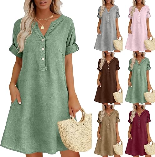 Linen Dresses for Women V Neck Short Sleeve Loose Midi Shirt Dress