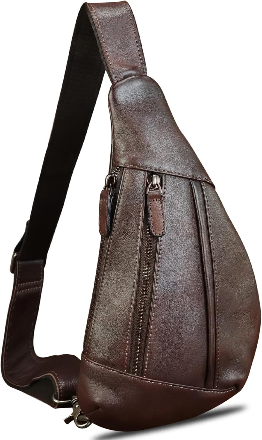 LRTO Genuine Leather Sling Bag for Men and Women Vintage Real Leather Crossbody Chest Bags Backpack Purse for Travel Hiking