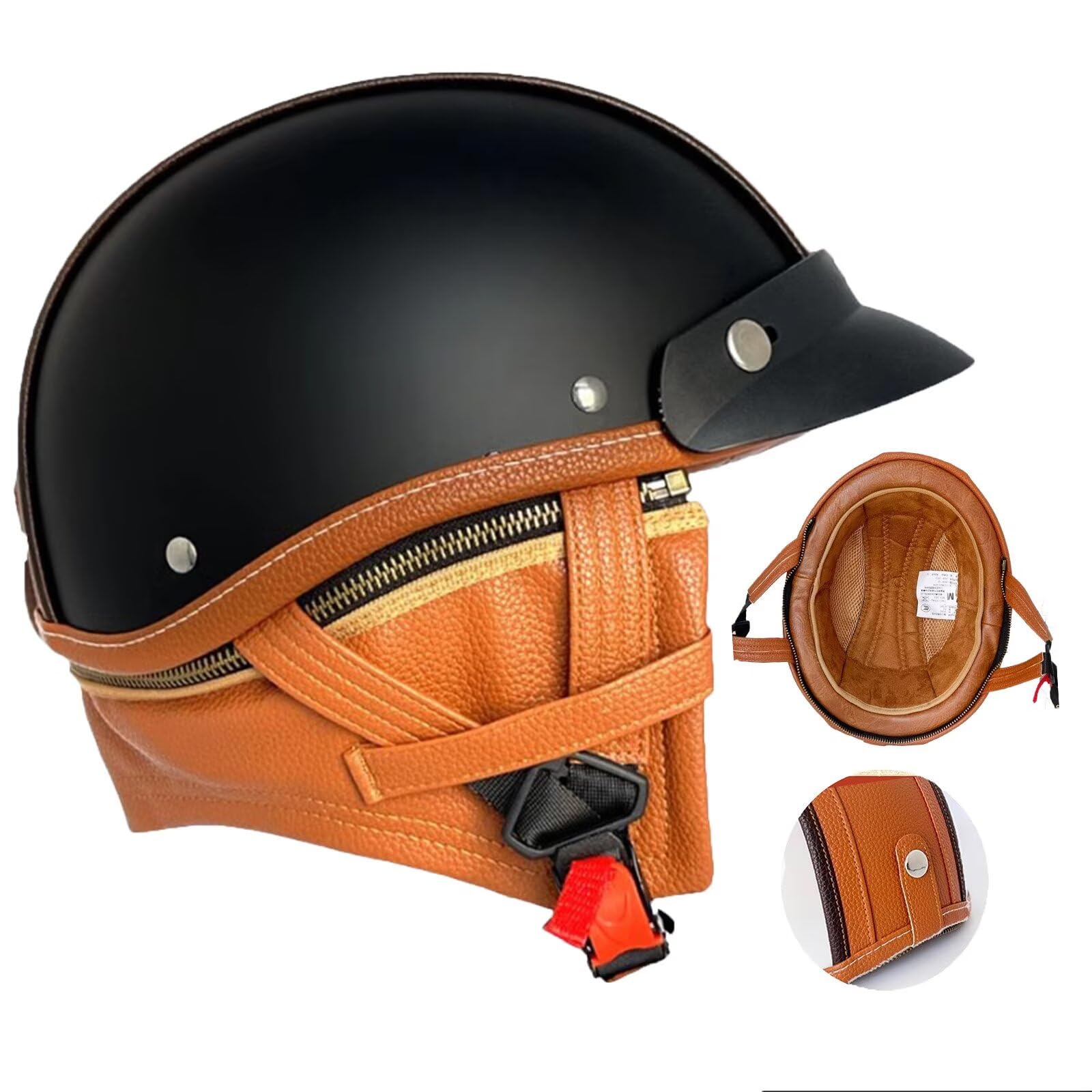 Casco Moto Retrò,casco moto uomo,Caschi per Scooter Anni '60 - Modello 3/4 in Vera Pelle con Visiera, Certificato DOT/ECE - Stile Retrò Chiuso/Aperto - Unisex Uomo e Donna