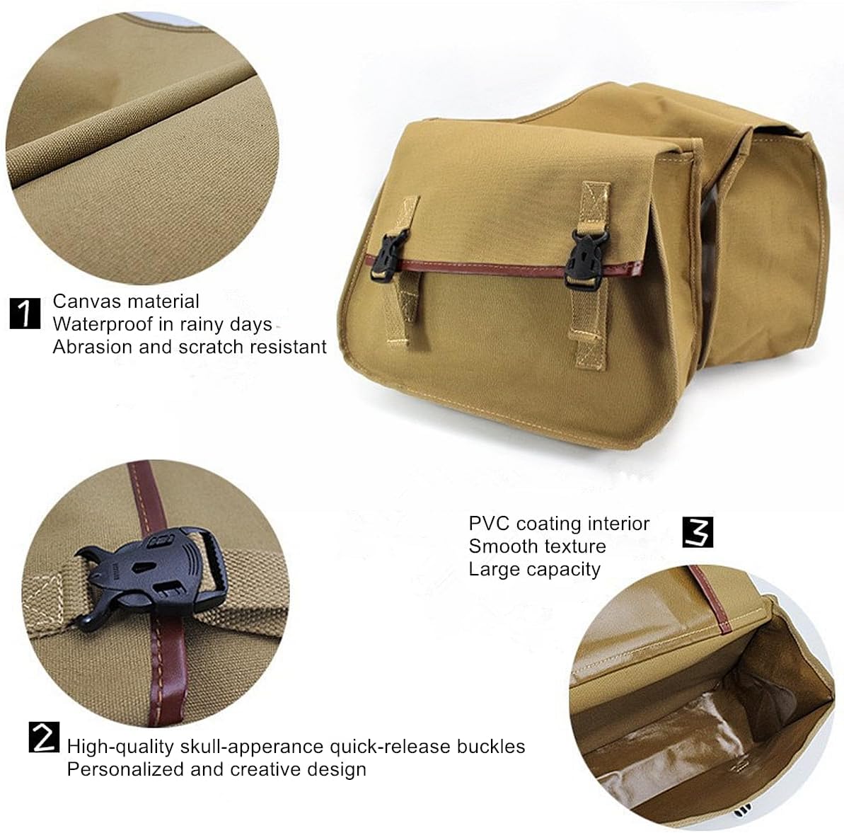UNISTRENGH Waterproof Canvas Bike Pannier Bag Double Motorcycle Rear Seat Rack Side Bag Double Storage Saddle Bag for MTB Cycling Traveling Commuting (Tan)
