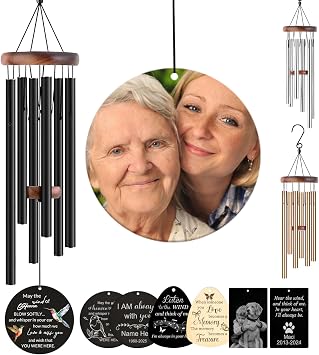 Personalized Memorial Wind Chimes for Loss of Loved One Custom Sympathy Wind Chime Deep Tone with Photo Text Engraved Outdoor Bereavement Condolence Remembrance Funeral Gifts Mom Dad Dog Pet
