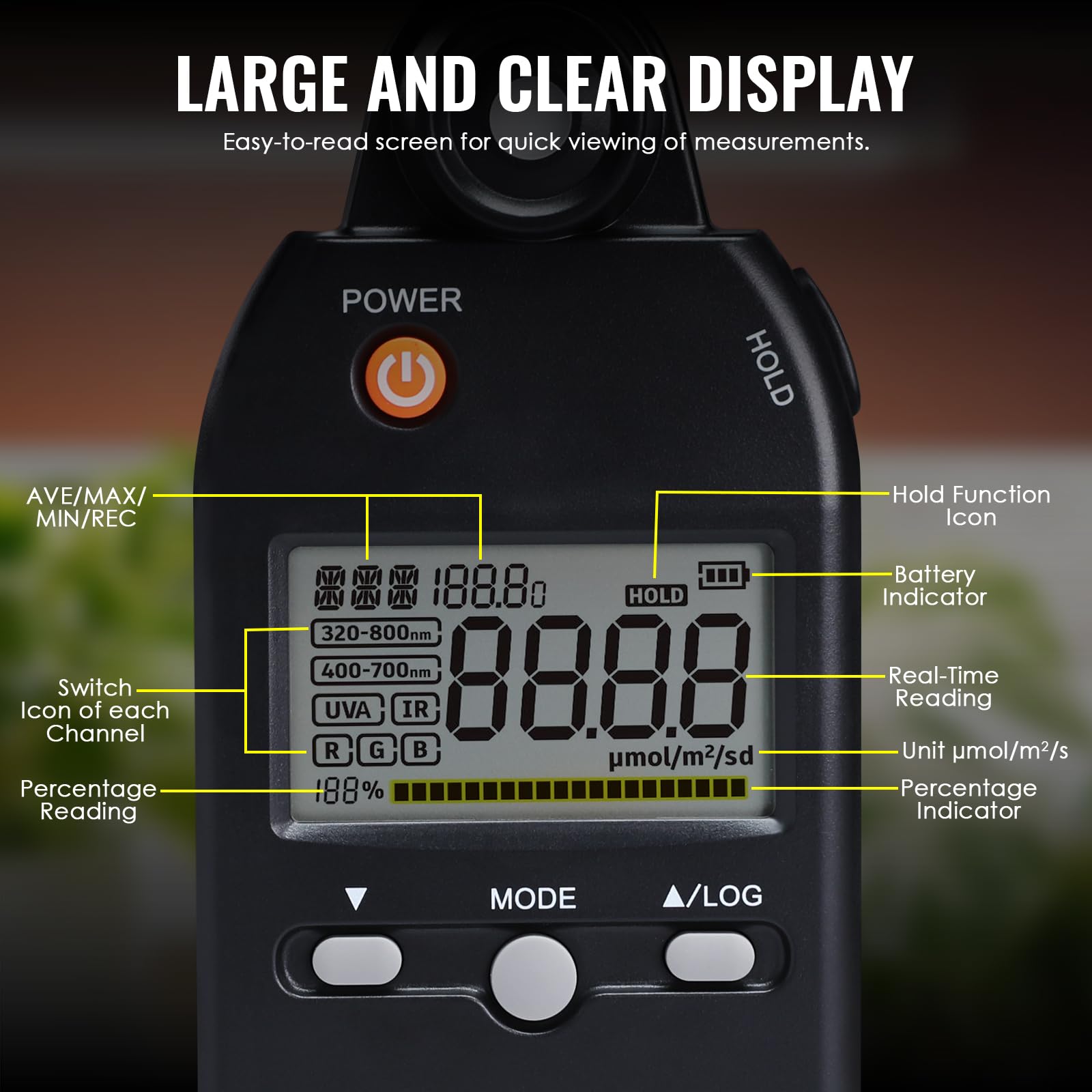 PAR Luxmeter PPFD Quantenspektroradiometer Vollspektrummessung 320-800 nm UV-Analyse Farbwiedergabe Pflanzenwachstumstest Datenspeicherung