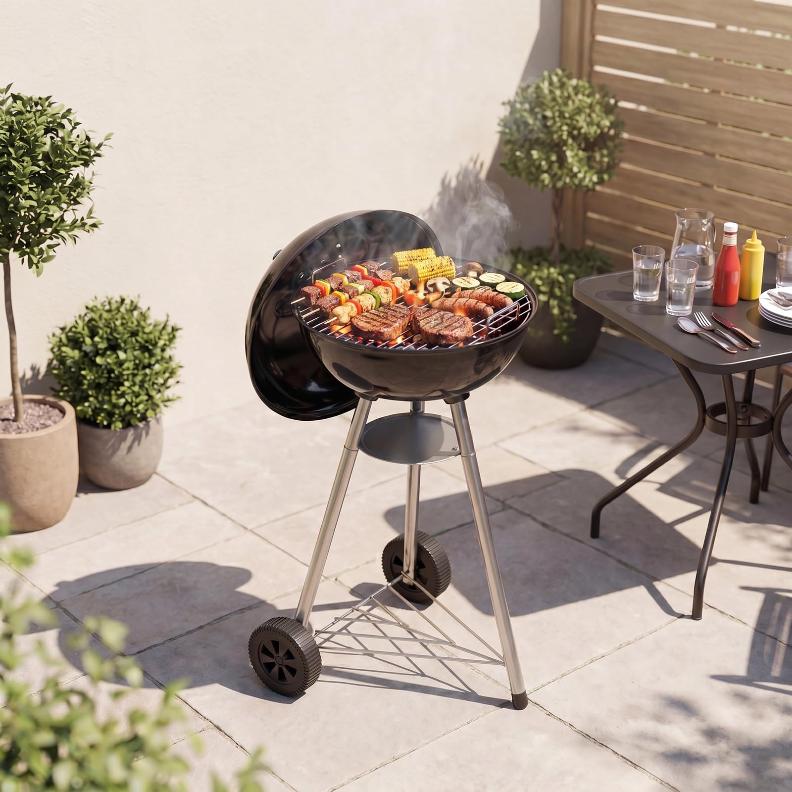 Aoxun Holzkohlegrill, 47 cm Kugelgrill mit Thermometer und regulierbarer Luftzufuhr, kratzfeste, emaillierte Grillschale, Ascheauffangbehälter, Rollen und Ablage, für Garten, und Outdoor, schwarz