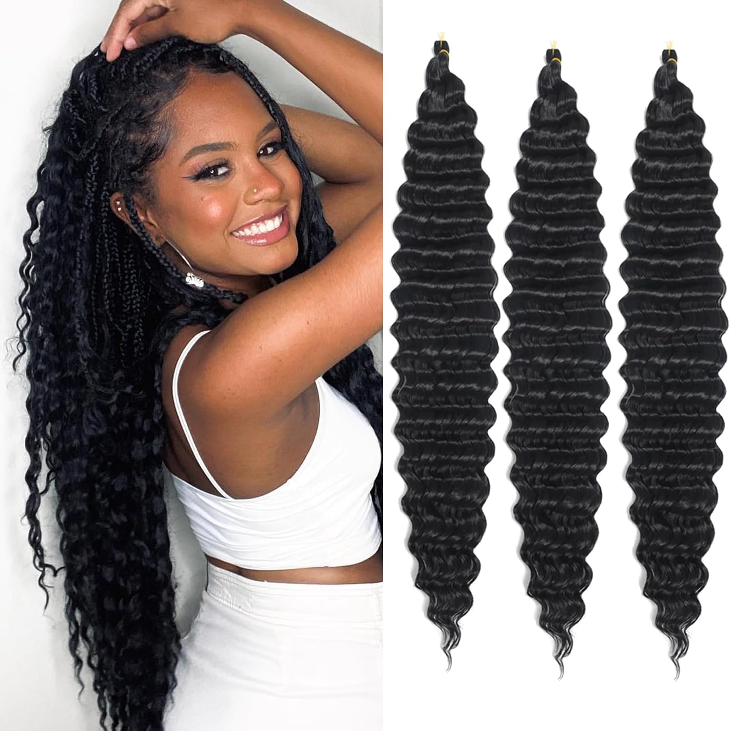 URNICIOcean Wave Crochet Hair 24 Inch 3 Packs Deep Wave Curly Braiding Hair Extensions Synthetic Curly Crochet Hair For Black Women1B#