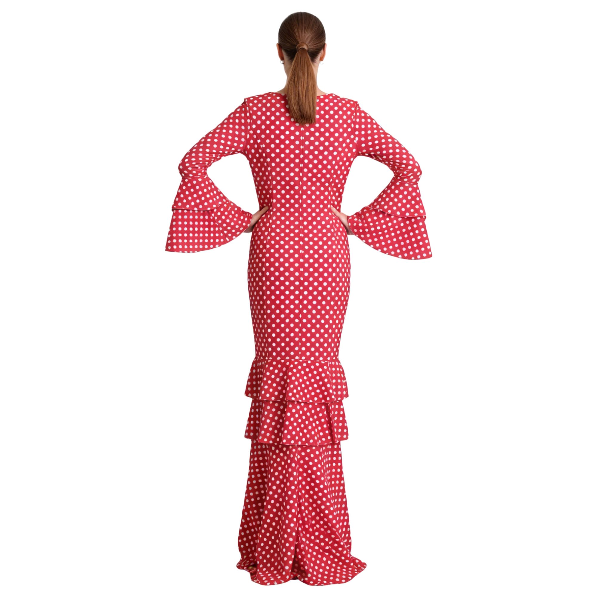 Vestito Fenicottero Donna Lungo - Costume da Sivigliana Adulto con Pois, Maniche a Siviglia - Vestito Andaluso Elegante per Fiera e Danza