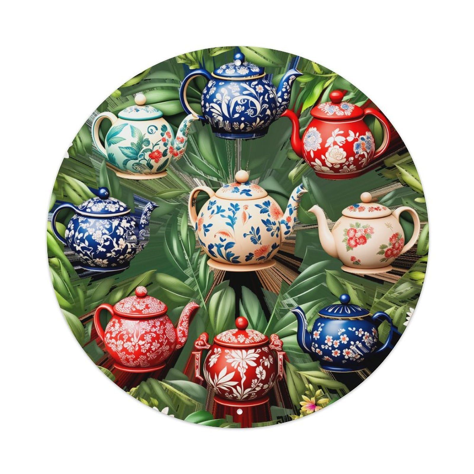 Floral Pattern Teapot Design Art Round Tin Sign Retro Metal Sign for Cafe Bar Pub Home Game Room Gym Club Wall Decoration Vintage Metal Poster 8x8 Inch
