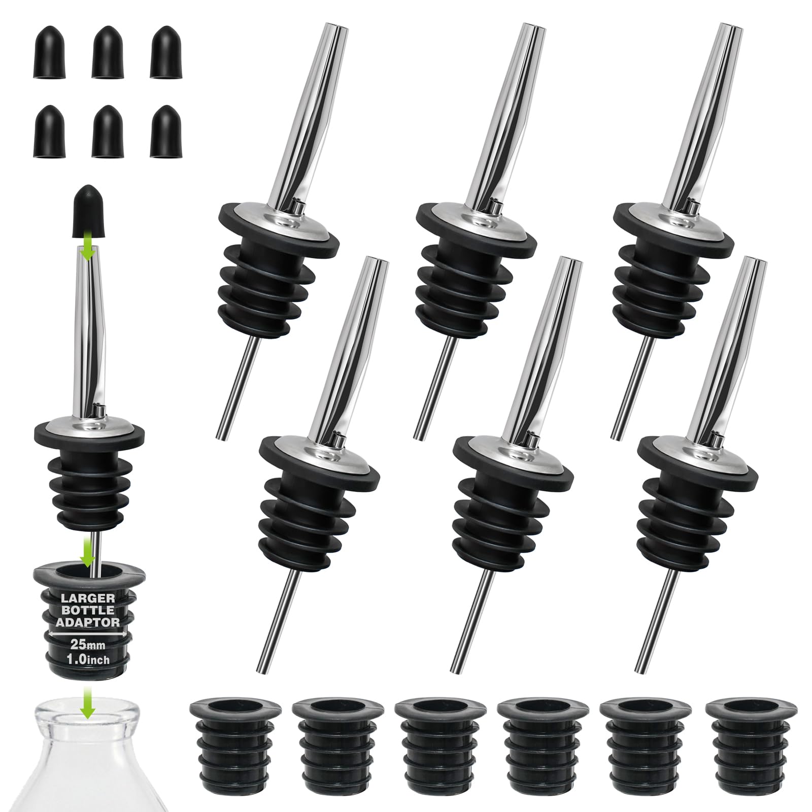 BALTRE 6-Piece Bottle Pourers Set including 6 Adapters, Conical Rubber Seal, Conical Pourers and Dispensers for Wine Spirits