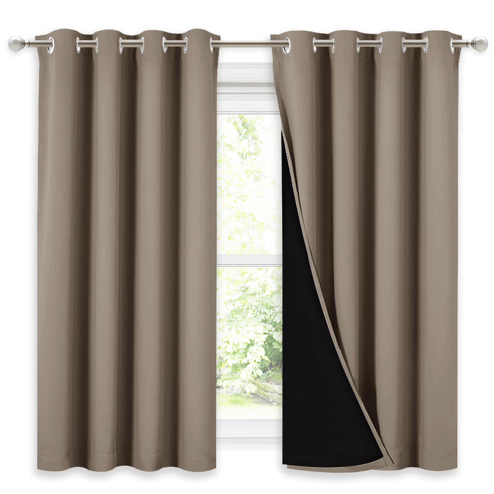 NICETOWN 100% Blackout Curtains with Black Liners, Thermal Insulated Full Blackout 2-Layer Lined Drapes, Noise Cancellation Window Draperies for Dining Room (Taupe, 2 Panels, 52-inch W by 54-inch L)