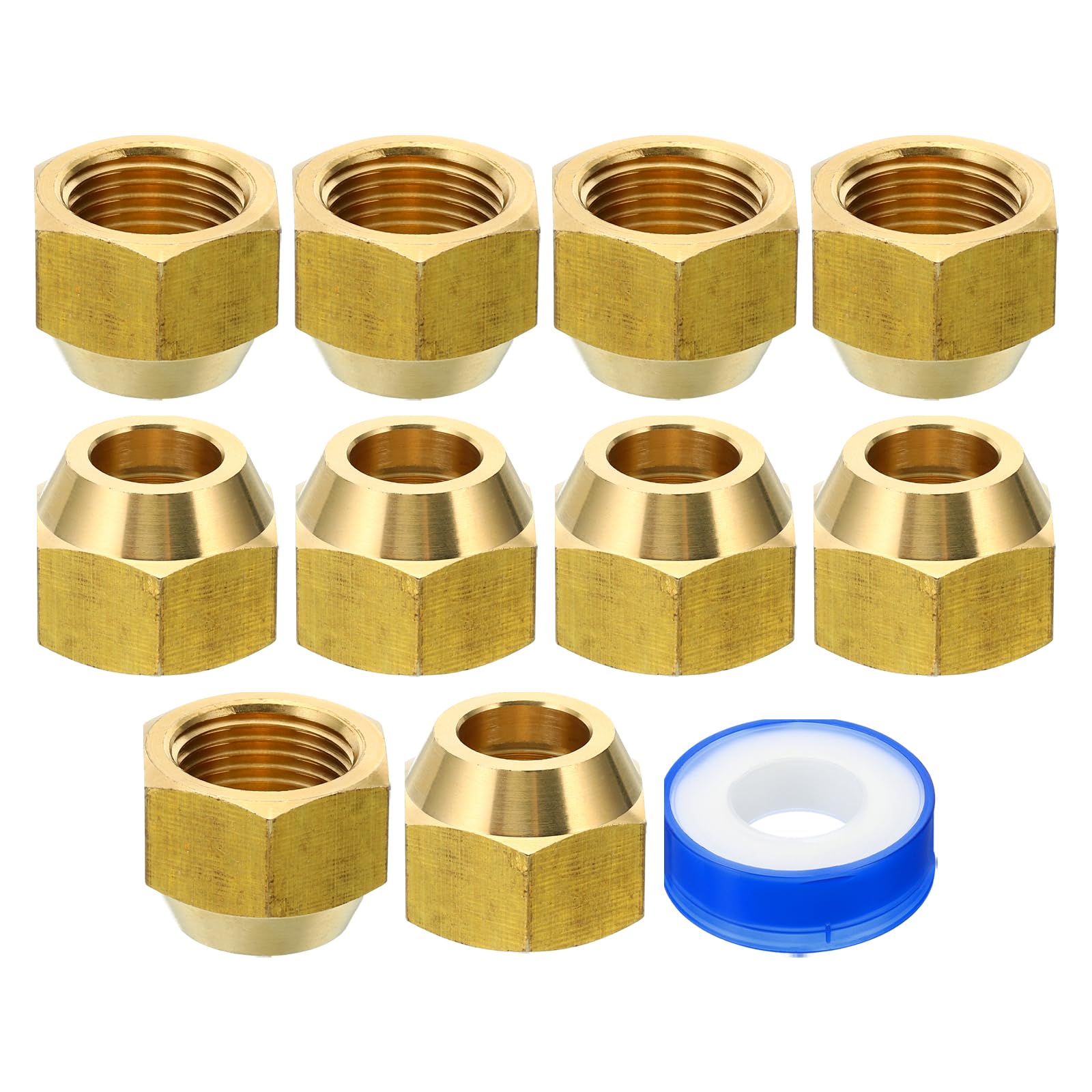 PATIKIL 1/2 SAE Messing Flare-Mutter, 10er Pack 45 Grad Kupfer Flared Rohrverschraubung Messing Rohrverschraubung Kappe mit Tape für Klimaanlage Wasser Gasleitung, Glänzend