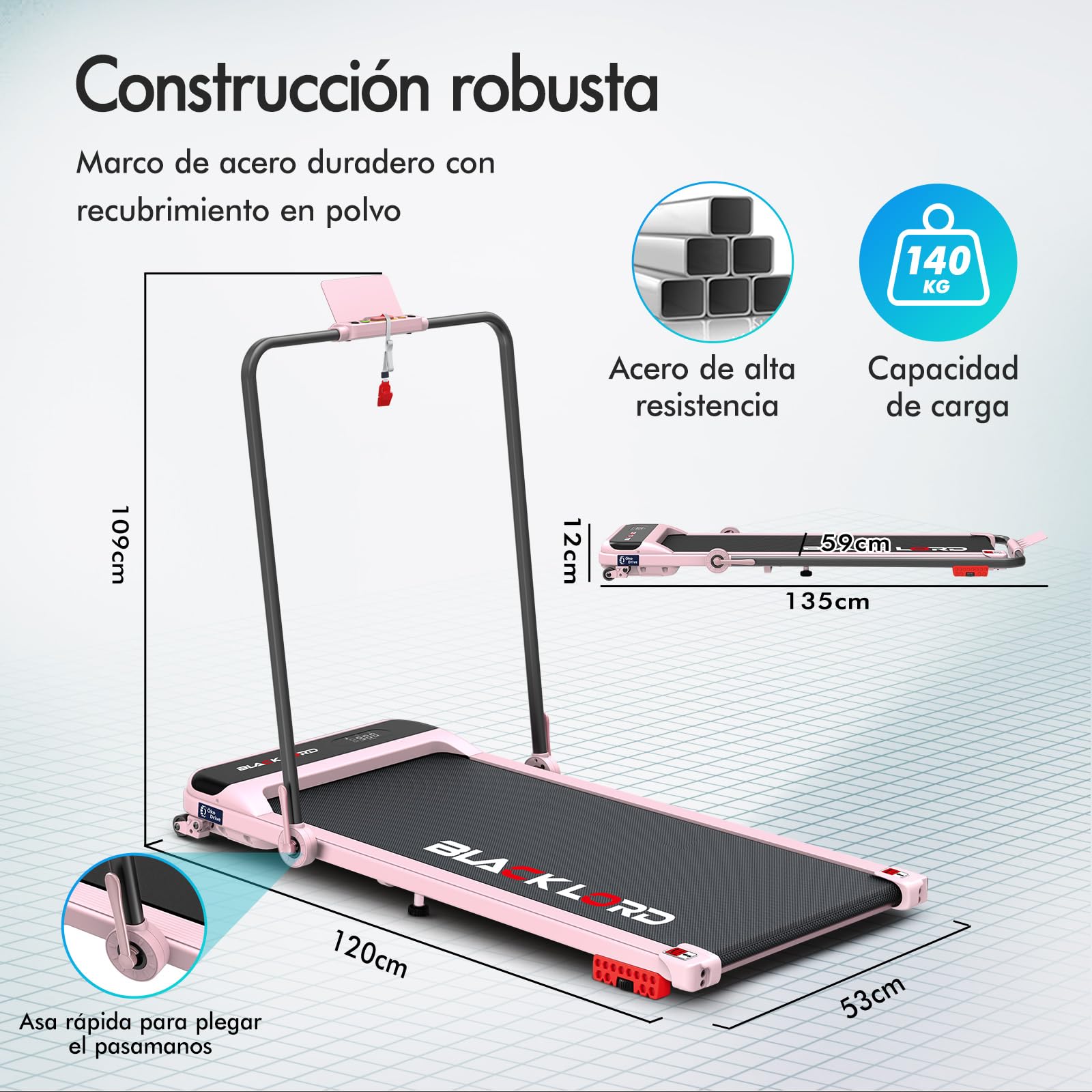 BLACK LORD Cinta de Correr con inclinación del 9% y pasamanos, 3,2 HP Walking Pad, Cinta de Correr eléctrica 4 en 1, 12 programas preestablecidos, Altavoz Integrado, Capacidad de 140 kgRosa