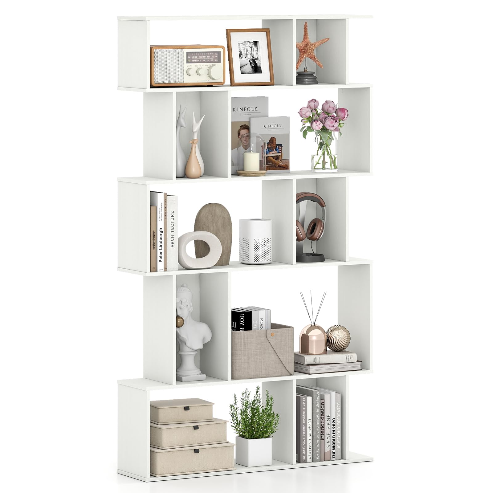COSTWAY S-Shaped Wooden Bookcase, 5/6 Tiers Freestanding Storage Shelf, Home Office Industrial Decorative Bookshelf Display Stand Rack (White, 90 x 22 x 158cm)