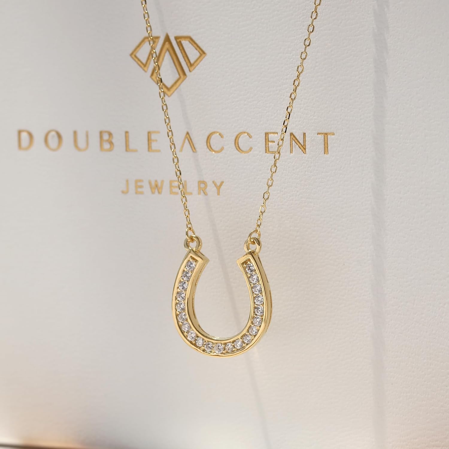 Sterling Silver Pendant Necklace CZ 14K Gold or Rose Gold Plated Horseshoe Necklace, Chain 16~18 Inches