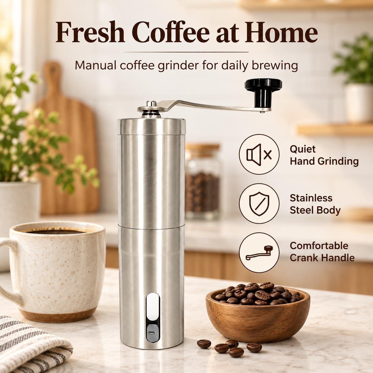 Manual Coffee Grinder, Stainless Steel Hand Grinder with Ceramic Burr