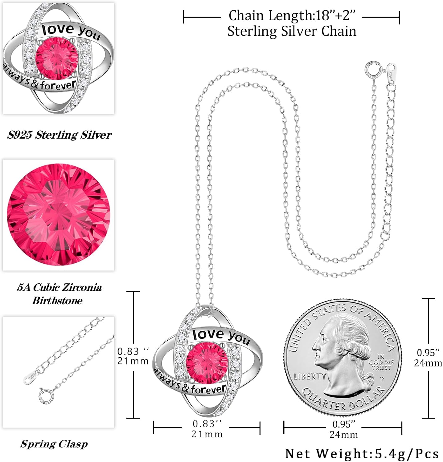Aurora Tears Birthstone Love Knot Pendant Necklace - 925 Sterling Silver Firework-Cut Cubic Zirconia Love You Forever Necklace Anniversary Birthday Jewelry Gift for Women Wife Mom Daughter - Image 4