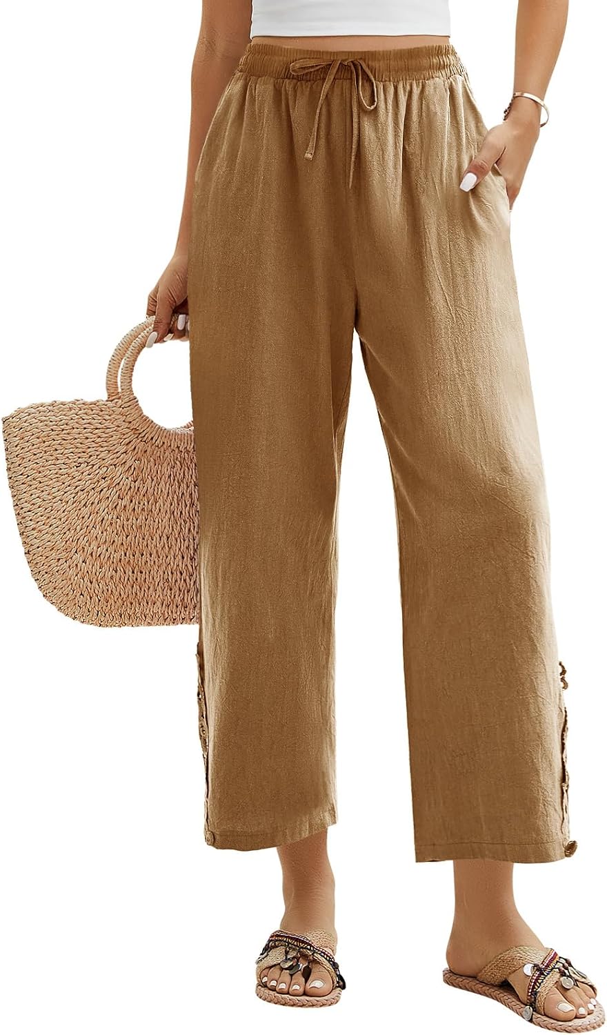 UMIPUBO Damesbroek voor de zomer, katoen, elegant, breed, breed, comfortabel, met elastische tailleband, licht, maten strandbroek voor werk, leven, vakantie, Donkere Khaki, L