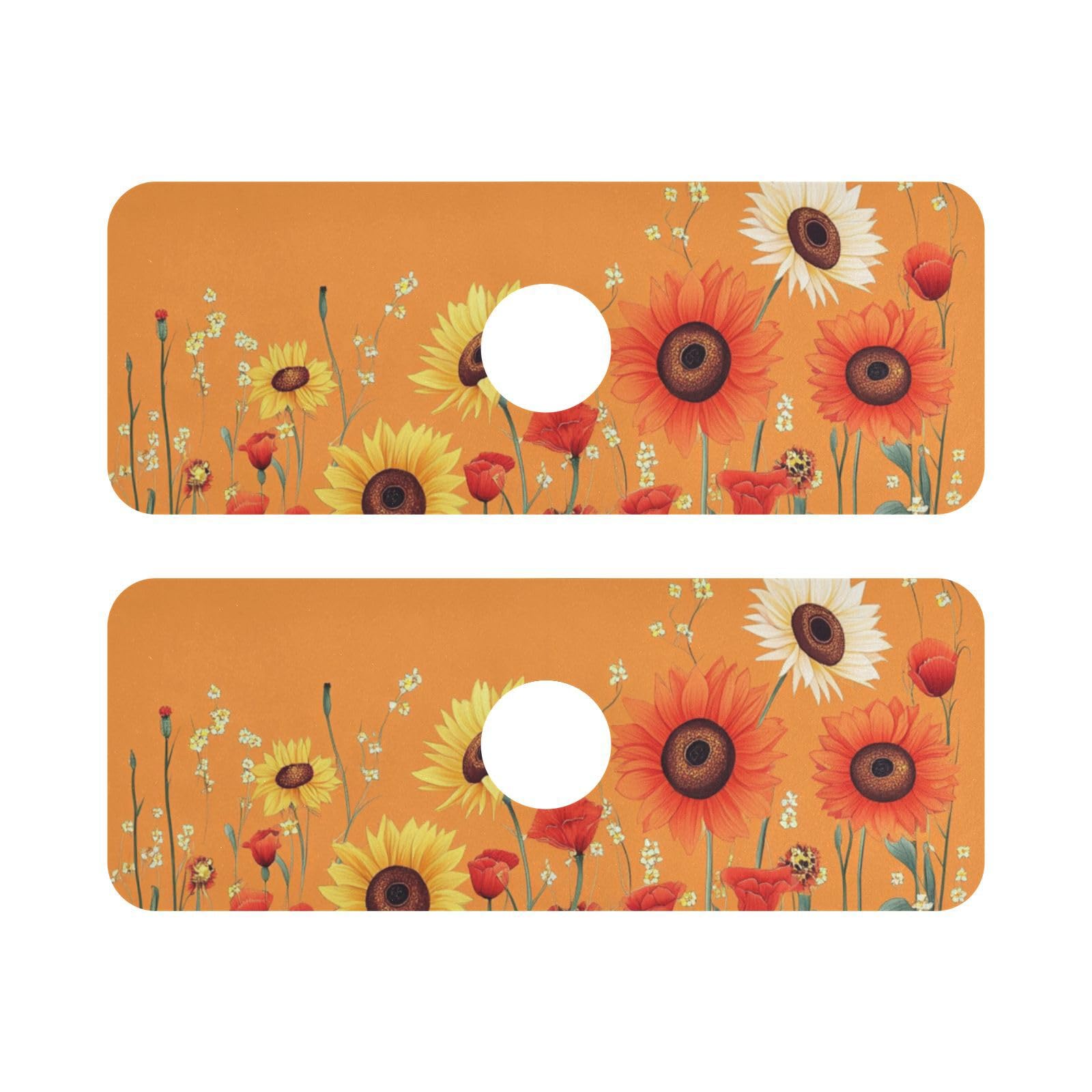 Cartoon Orange Sunflowers Poppy Kitchen Sink Splash Guard Faucet Mat Diatomite Absorbent Pad for Bathroom RV 14.7x5.4in 2PCS water