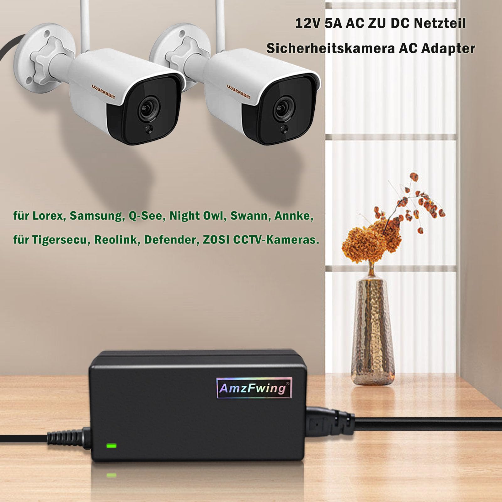 12V 5A CCTV Camera Stromversorgung, mit 1-8 Splitterkabel, AC 100-240V. | passend für Samsung Q-See Swann Annke Kamera Sicherheitskameras DVR / NVR System (60W Max)