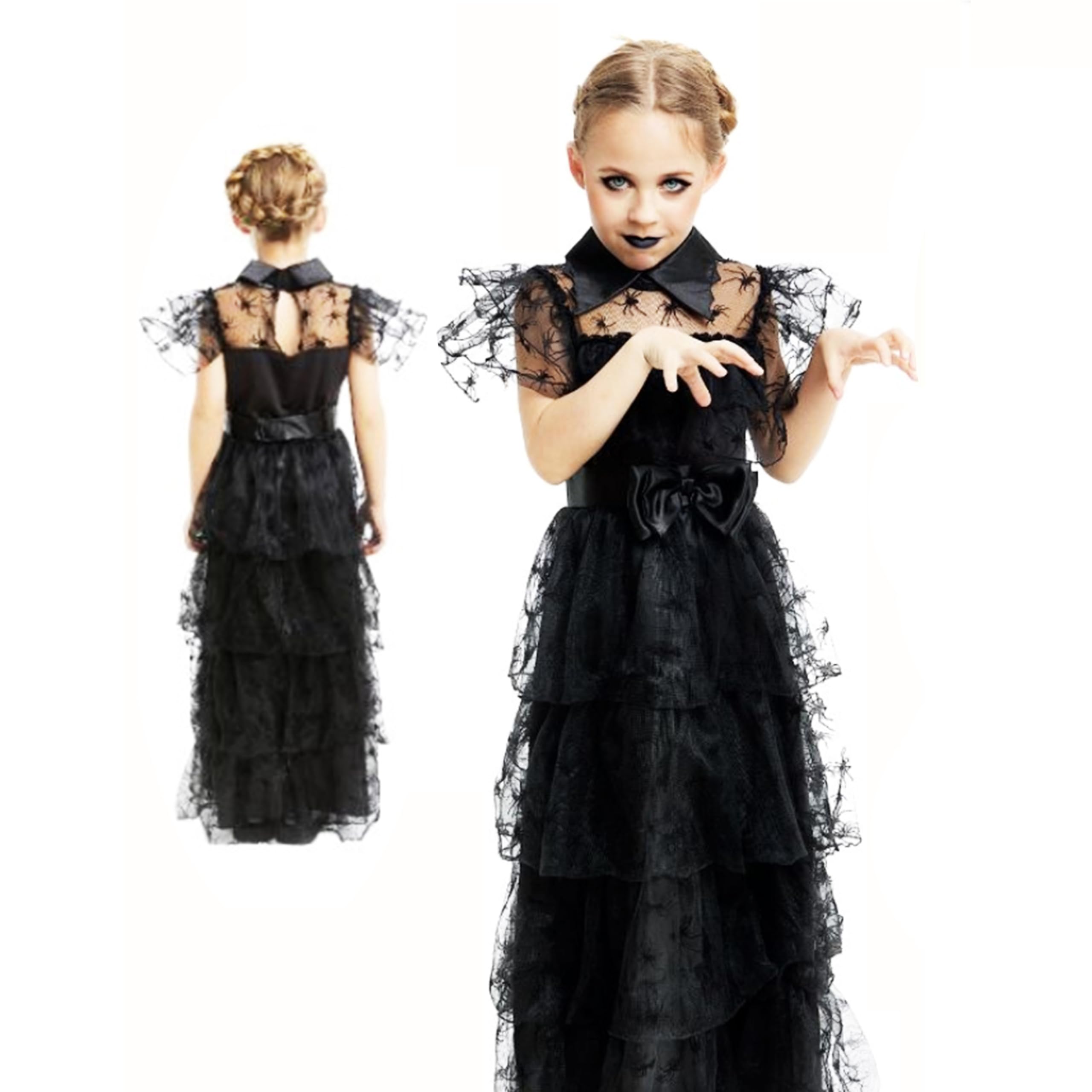 7 KOIS Halloween 24h Disfraz de Miercoles Addams Niña, Estilo con Araña Negro de Merlina Addams Niña, Trajes Góticos para Halloween, Carnaval, Juego De Roles, Fiesta.