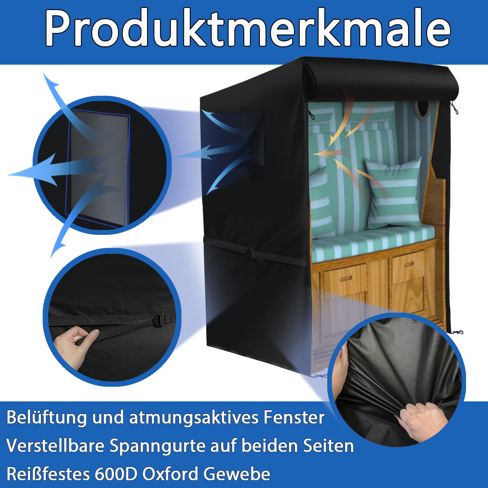BNGXR Beschermhoes voor strandstoel, 210D Oxford-stof, beschermhoes met ventilatieopeningen, waterdichte en ademende strandkorf, weerbestendig, uv- bestendig, 135 x 105 x 175 / 140 cm