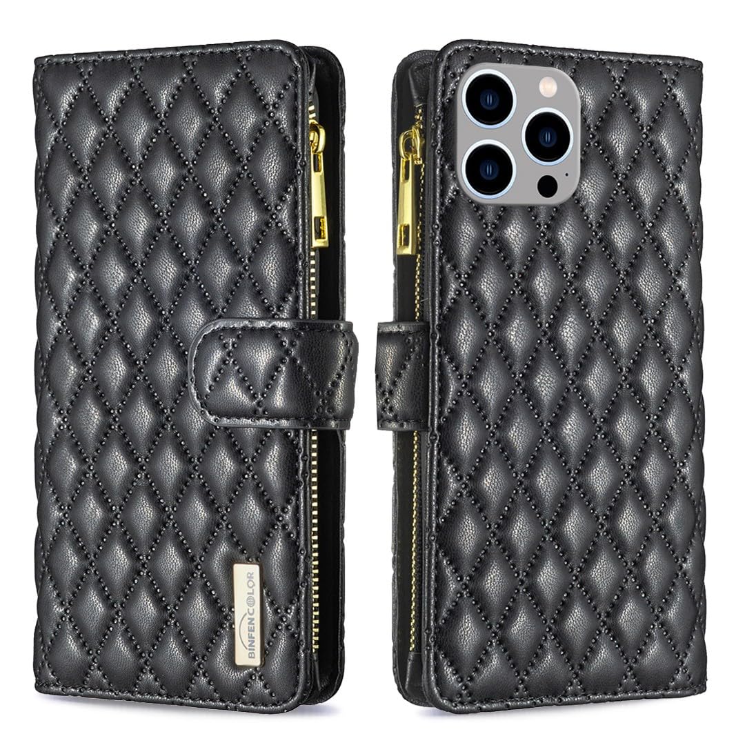 Étui portefeuille iPhone 16 Pro noir à grille géométrique et fermeture éclair - 8