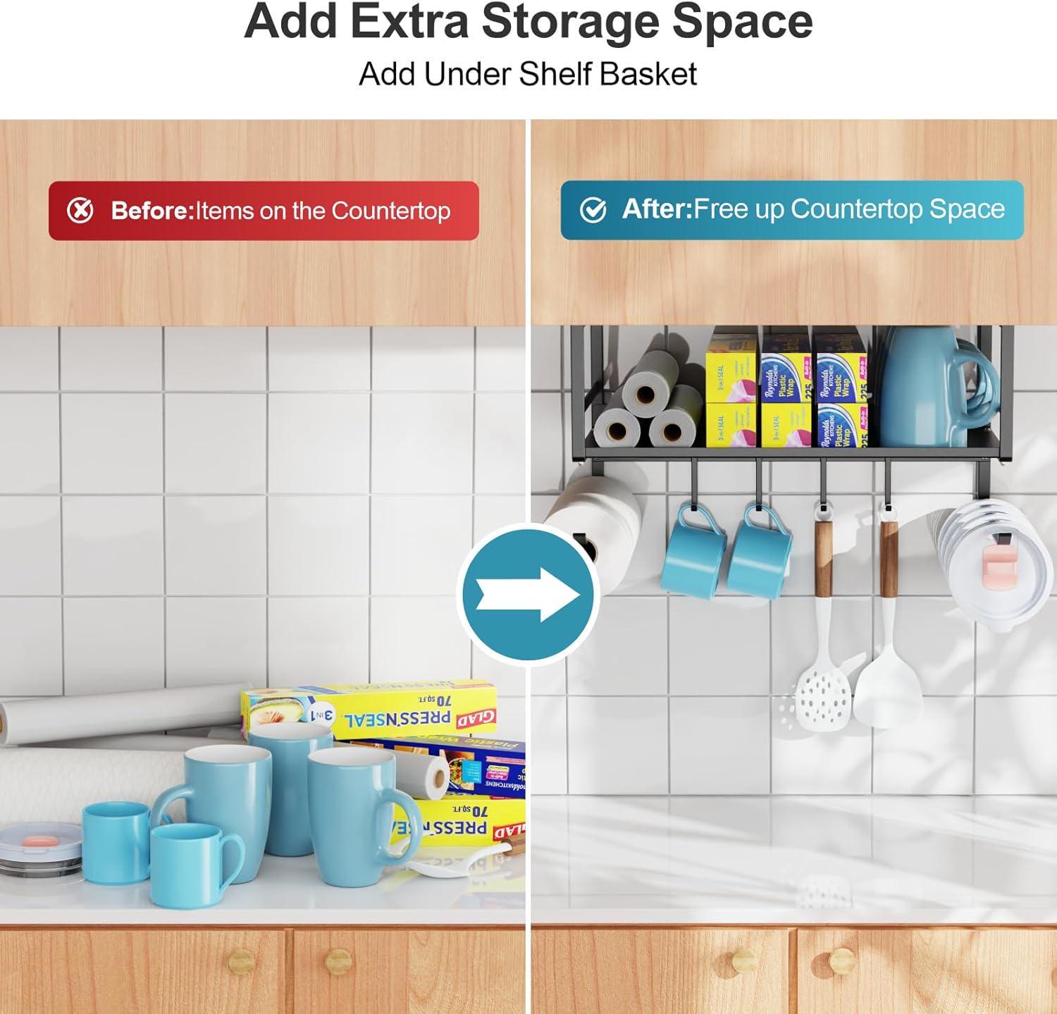 Under Shelf Basket- Multi-pose Under Shelf Stora Mug Hooks,