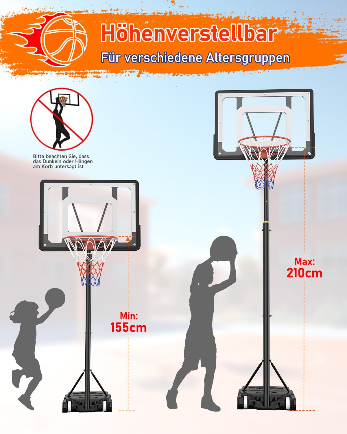 Basketballkorb Outdoor Kinder Höhenverstellbar 155-210 cm Basketballständer 80 cm bruchsichere Rückwand mit Rollen