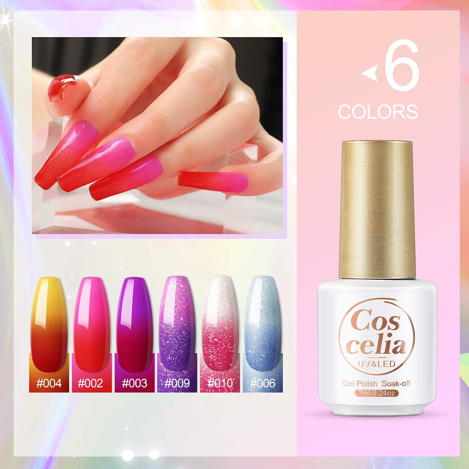 COSCELIA Color Changing Gel Nail Polish Set 6 Temperature Changing Colors Purple Pink Blue Glitter Gel Nail Polish Set 7ml,Long Lasting Soak Off U V Led Gel Polish for Nail Art Design