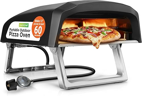 NutriChef Horno portátil para pizza de gas para exteriores, diseño único, horno fácil de hornear con piedra para pizza, pies plegables, encendido de
