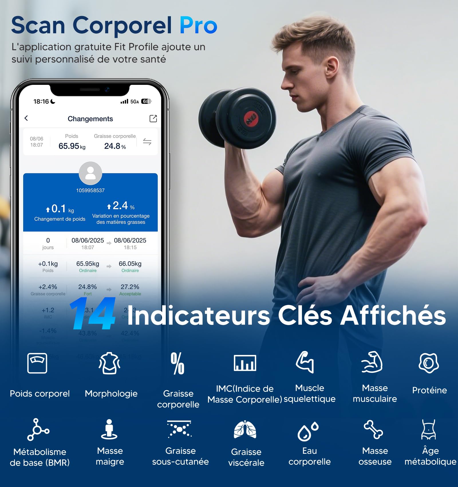 Balance Connectée Smart GE Pese Personnes avec Grand Écran 14 Données Corporelles Masse Graisseuse et Musculaire IMC Bluetooth 180 kg Noir