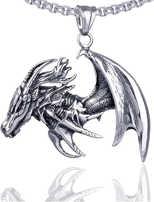 Xusamss Punk Stainless Steel Wing Dragon Pendant Necklace with 24inches Link Chain