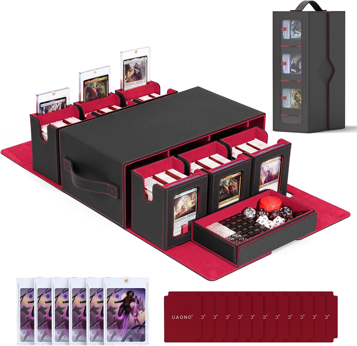 Commander Deck Box for MTG, 6-Deck Modular Card Case with Dice Tray Hold 600+ Double-sleeved Cards, Removable Trading Cards Storage Box with 35PT Magnetic Card Holders for TCG, Multicolour