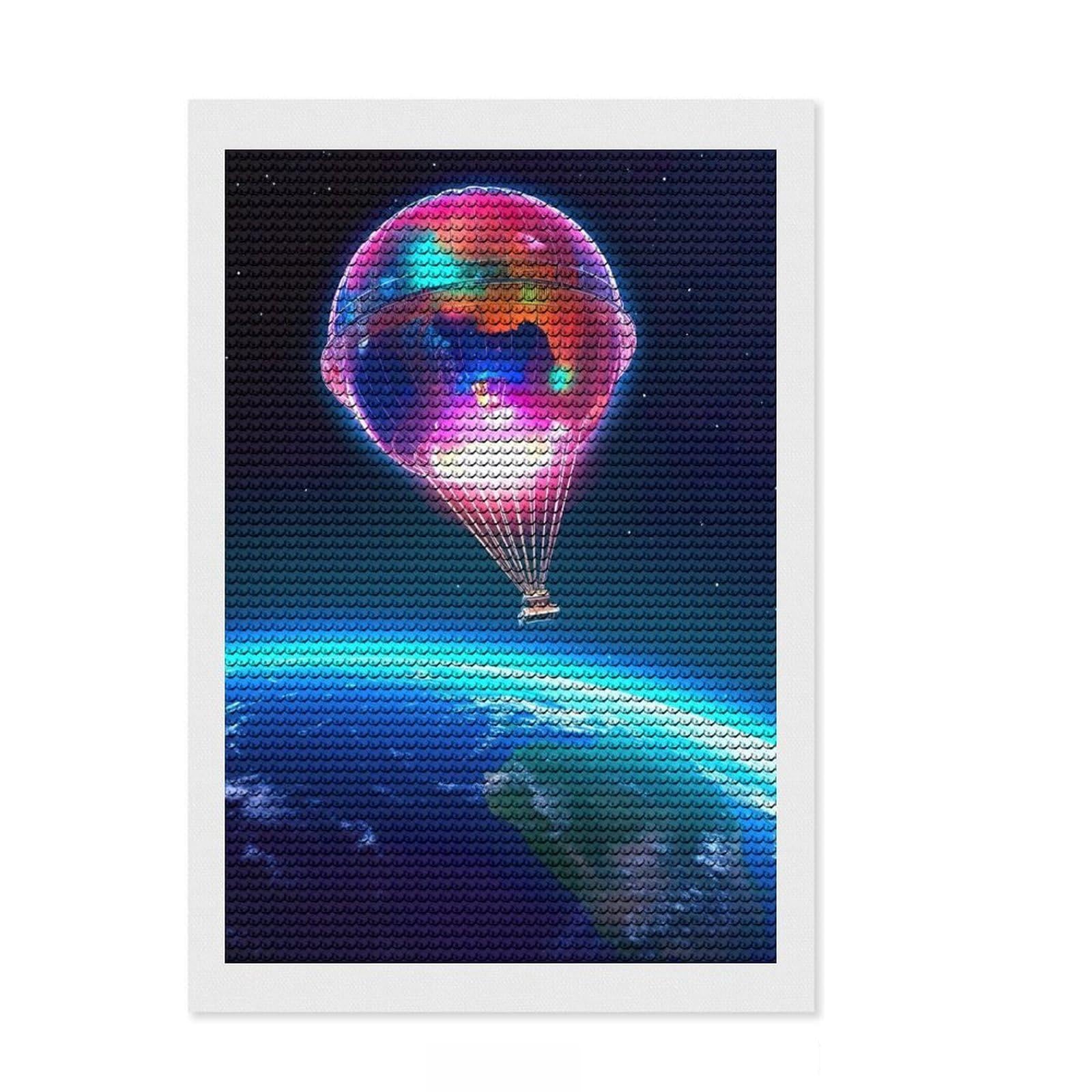 Junmoney Hot Air Balloon in Space Diamond Art Canvas 8"x12", Birthday Gift, for Family Craft Time, with Tool Kit, Cosy Home Accent, Full Kit Included