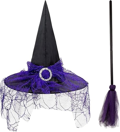 KatchOn, Sombrero de bruja morado y escoba de Halloween, sombrero de bruja grande para mujer, escoba de bruja para adultos, accesorios de bruja para