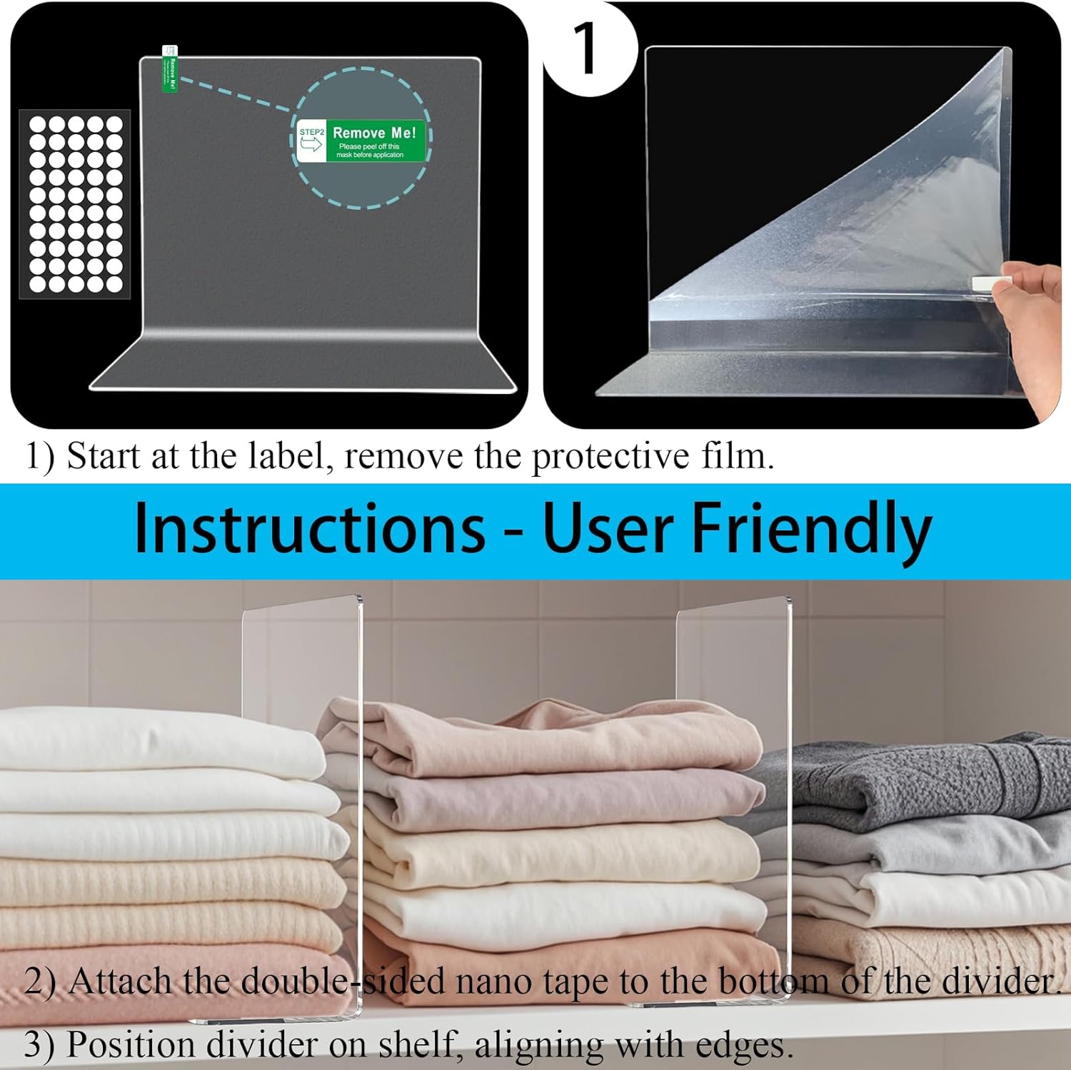 Shelf Dividers for Closet Organization: 10" Tall x 12" Deep Acrylic Closet Shelf Dividers for Clothes Sweater Purse - Clear Closet Organizers and Storage Separators for Shelves