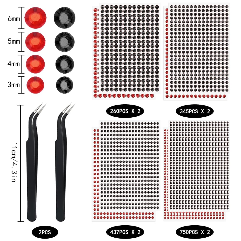 3584 Pièces Strass Autocollant, Strasss Adhesif Rond avec Pincettes Autocollants Strass Rouges et Noirs pour DIY Artisanat les Vêtements d'Artisanat d'Art d'Ongle (3/4/5/6mm)